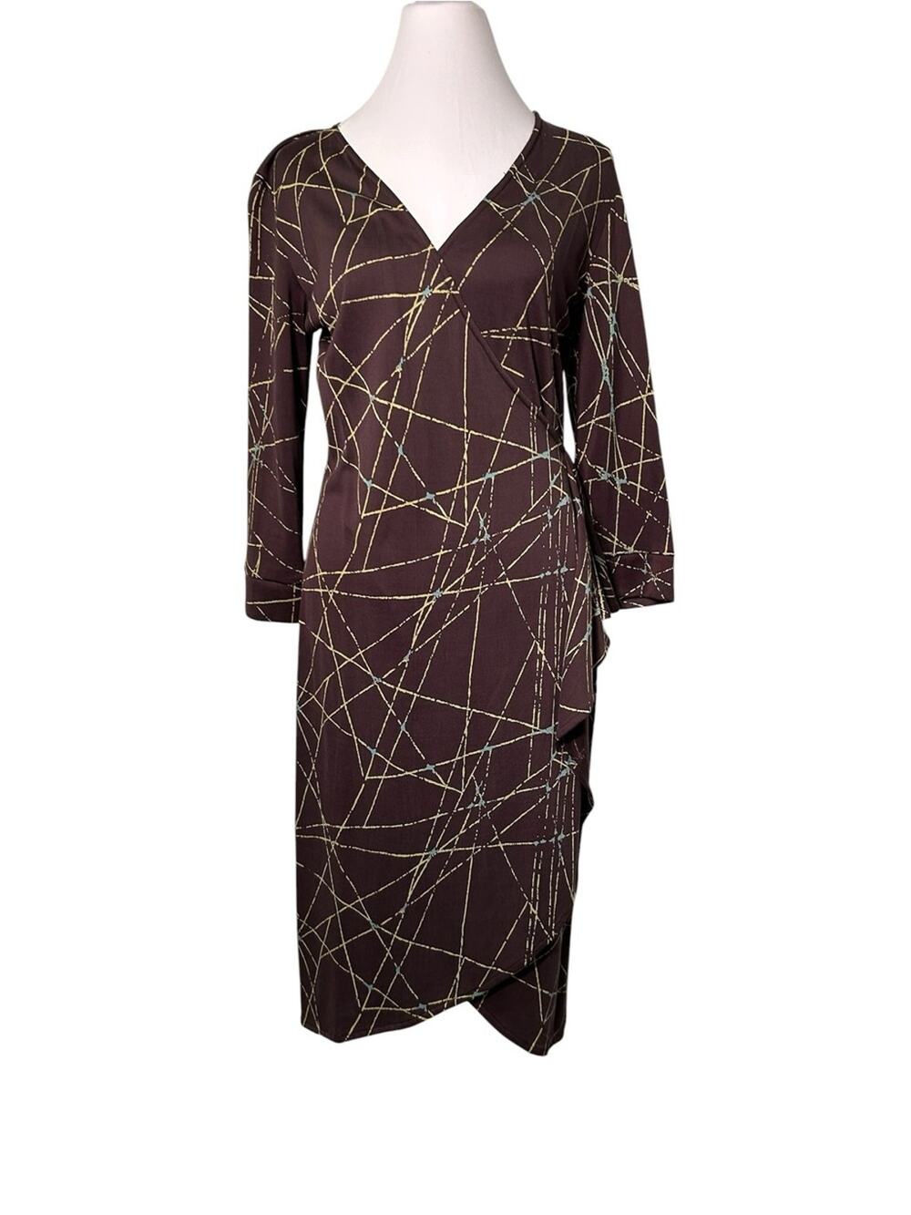 fiori di zucca Silk Knit Wrap Dress Size 8 Brown Abstract Midi Designer Luxury